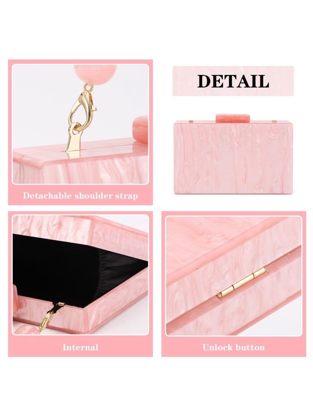 New Pink Acrylic Clutch Purse Formal Wedding Evening Handbag Marble Party - Picture 5 of 6